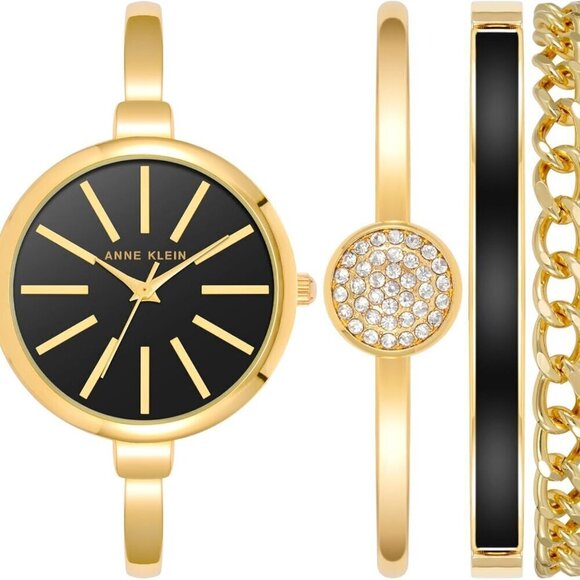 Accessories - Women's Bangle Watch and Bracelet Set Brass Gold Black Jewelry Gift